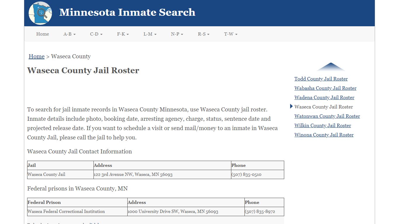 Waseca County Jail Roster - Minnesota Inmate Search